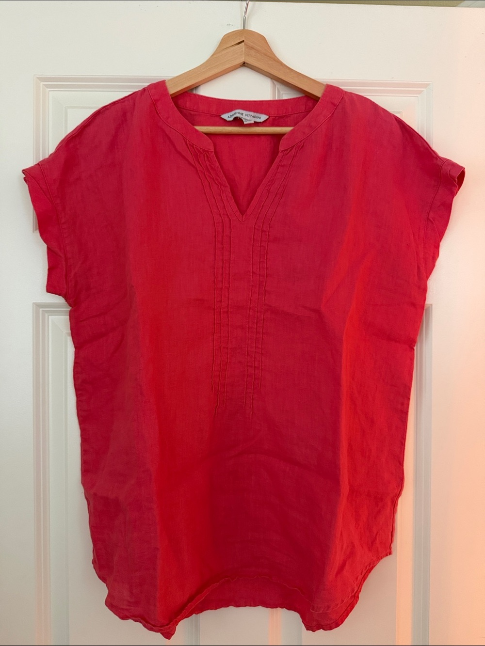 Adrienne Vittadini Coral-Red (Hibiscus) 100% Linen Split V Tunic Top Size Med